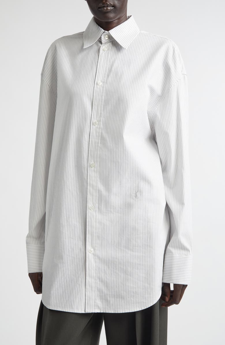 Saint Laurent Stripe Longline Cotton Button-Up Shirt, Alternate, color, Blanc Gris