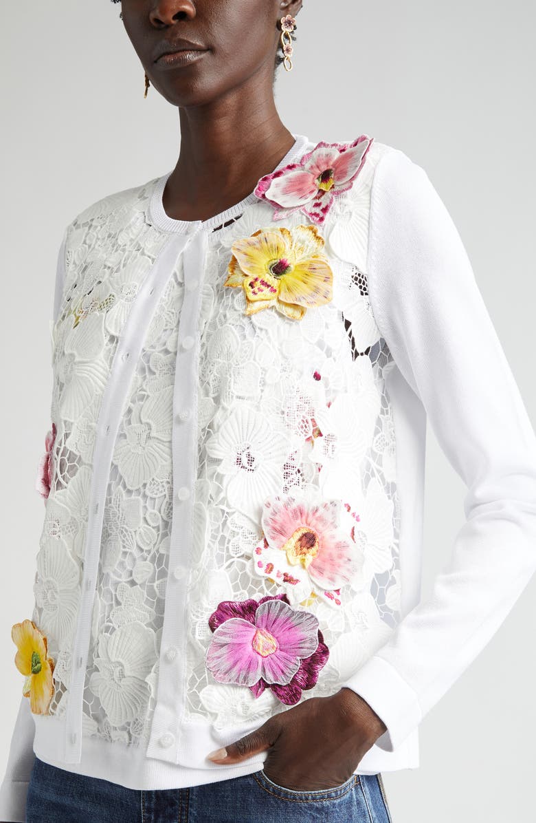 Oscar de la Renta Orchid Threadwork Cardigan, Alternate, color, White Multi