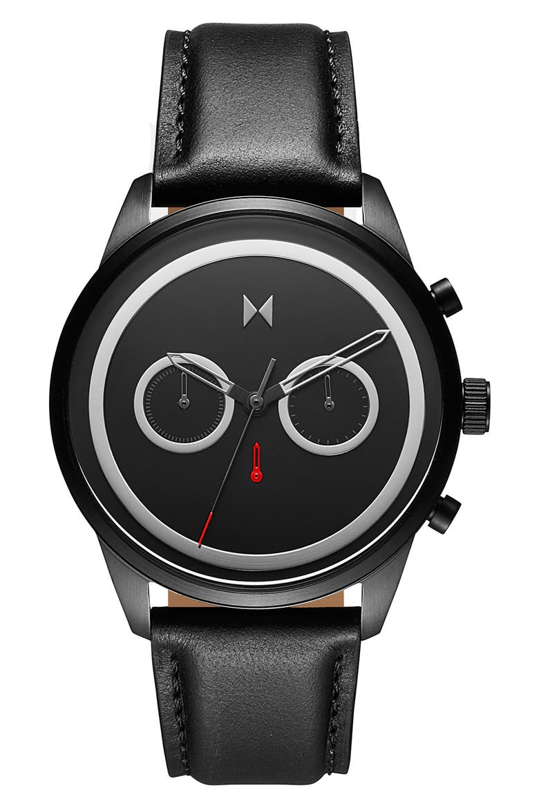 MVMT Sportluxe Chronograph Leather Strap Watch, 43mm, Main, color, BLACK
