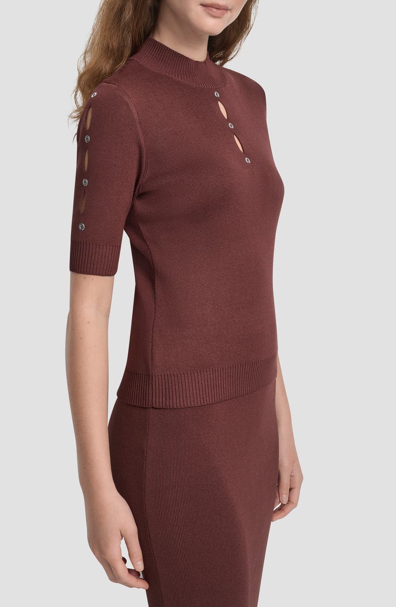 DKNY Cutout Grommet Mock Neck Sweater, Alternate, color, Bitter Chocolate