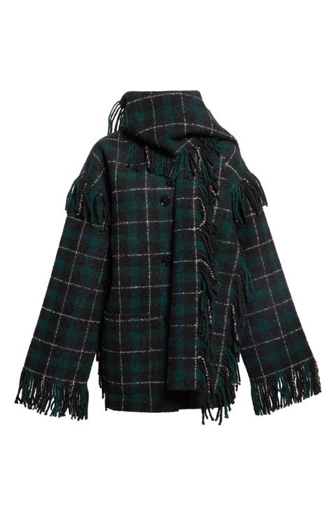 Fringed Wool Blend Scarf Jacket