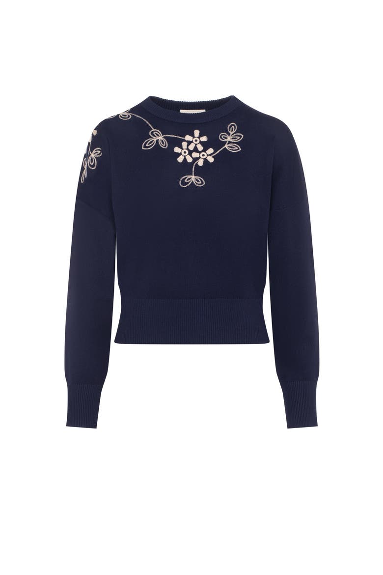 Embroidered Floral Front Knit Sweater, Main, color, Navy