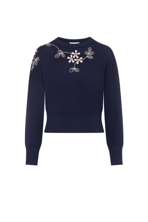 Embroidered Floral Front Knit Sweater