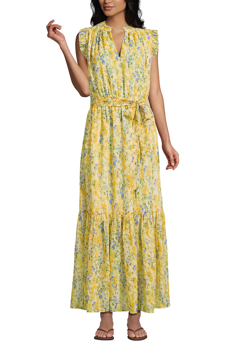 Lands' End Chiffon Maxi Dress with Ruffle Detail, Main, color, Golden Candle Light Floral