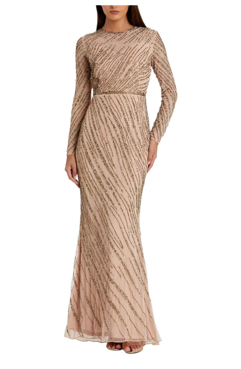 Mac Duggal Long Sleeve Beaded Column Gown, Main, color, Mocha