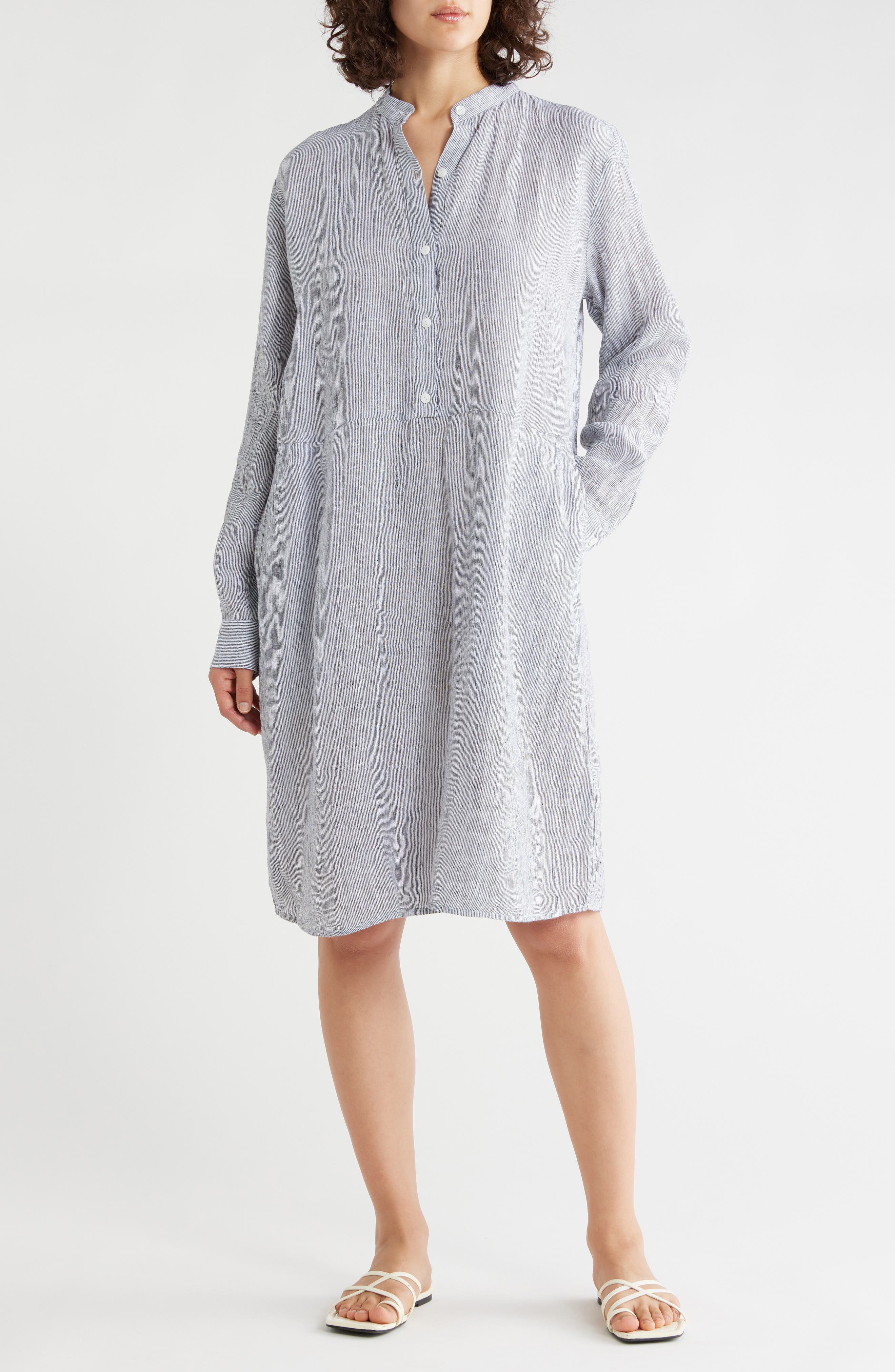 Eileen Fisher Stripe Long Sleeve Organic Linen Shirtdress