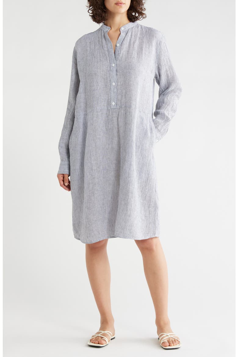Stripe Long Sleeve Organic Linen Shirtdress, Main, color, INK