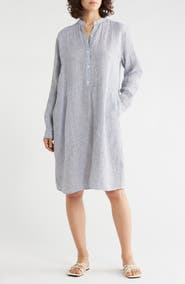 Eileen Fisher Stripe Long Sleeve Organic Linen Shirtdress
