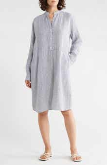 Eileen Fisher Stripe Long Sleeve Organic Linen Shirtdress