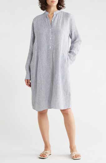 Eileen Fisher Stripe Long Sleeve Organic Linen Shirtdress