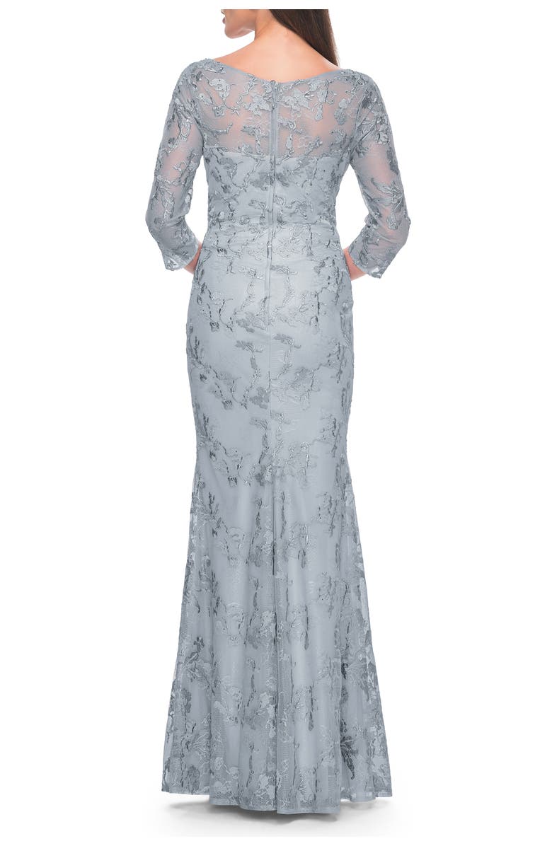 La Femme Pastel Lace Mother of the Bride Gown with Three Quarter Sleeves, Alternate, color, Dusty Blue
