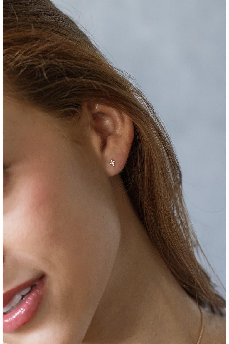 14k Diamond Cross Stud Earring (Flat Back) - Single, Alternate, color, 14k Solid Gold