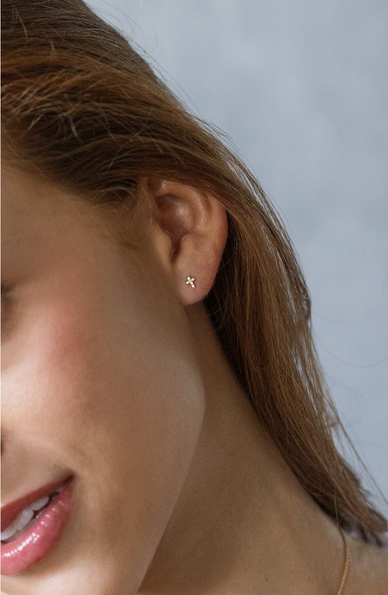 MADE BY MARY 14k Diamond Cross Stud Earring (Flat Back) - Single, Alternate, color, 14K Solid Gold