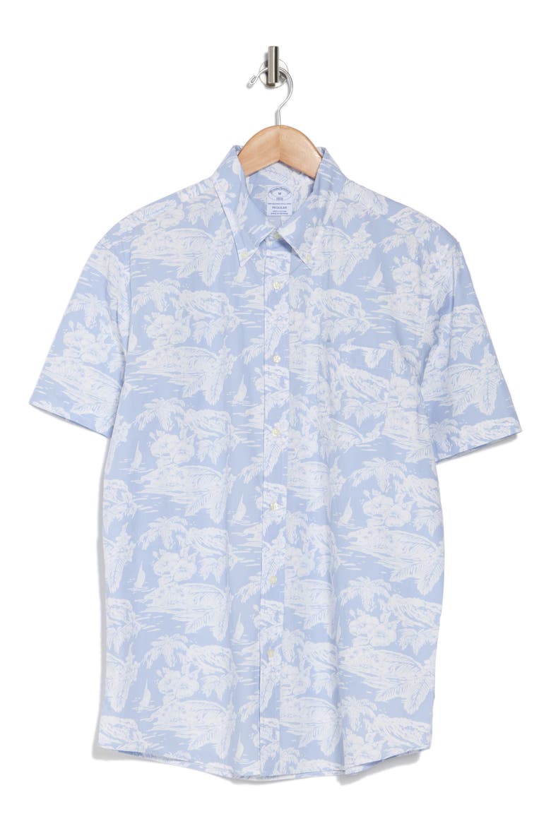 Regular Tropical Print Short Sleeve Cotton Button-Down Shirt, Alternate, color, LIGHT BLUE TROPICAL