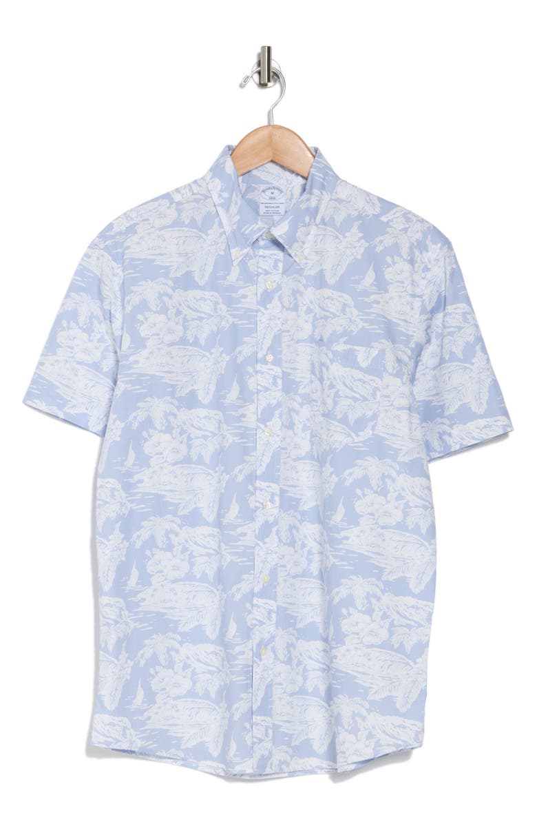 Brooks Brothers Regular Tropical Print Short Sleeve Cotton Button-Down Shirt, Alternate, color, Light Blue Tropical