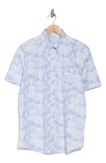 Brooks Brothers Regular Tropical Print Short Sleeve Cotton Button-down Shirt In Light Blue Tropical