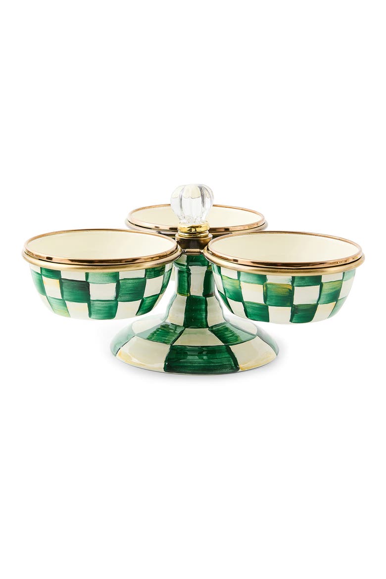 Emerald Check Enameled Steel Triplicity Bowls & Stand Set, Main, color, EMERALD