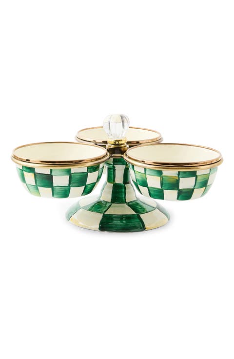 Emerald Check Enameled Steel Triplicity Bowls & Stand Set