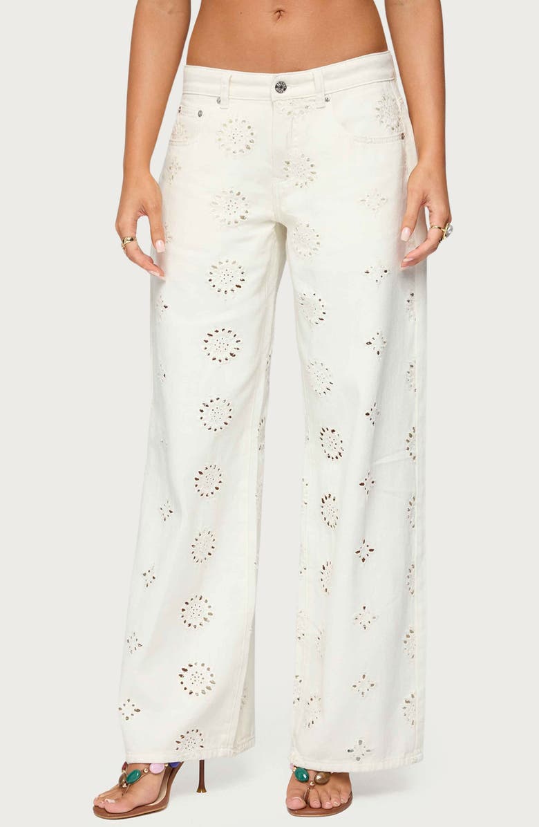 EDIKTED Eyelet Embroidered Low Rise Wide Leg Jeans, Main, color, White