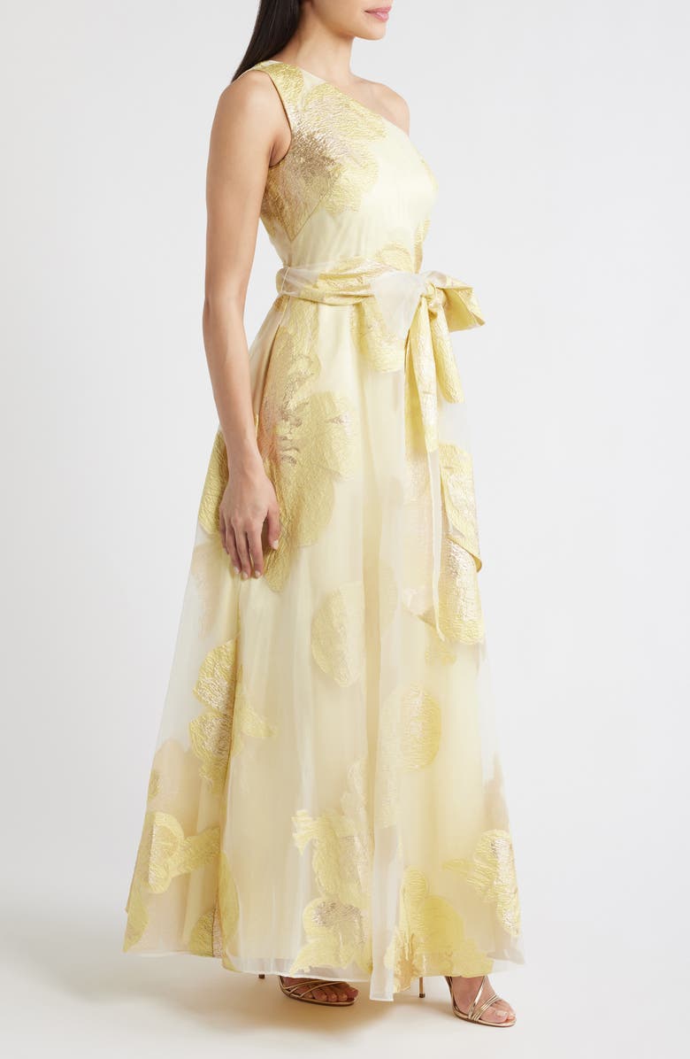 Eliza J One-Shoulder Brocade Ballgown, Alternate, color, Yellow