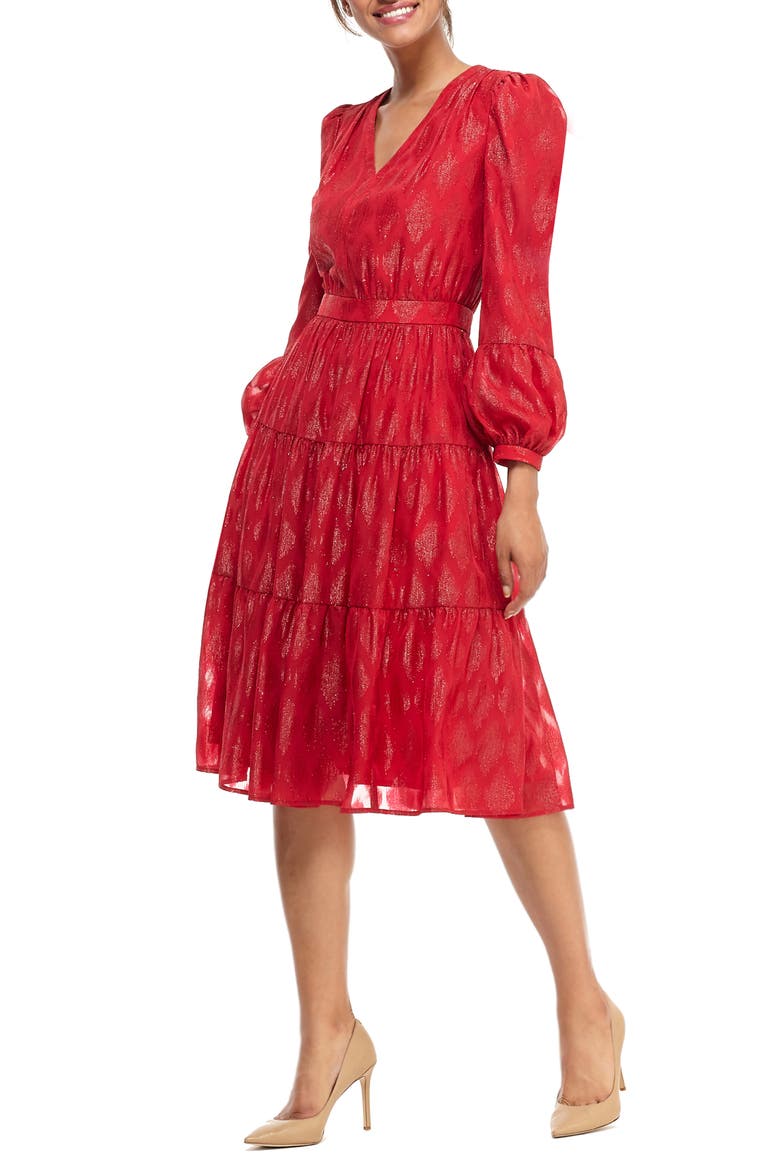 Annette Metallic Jacquard Long Sleeve Dress, Main, color, RUBY