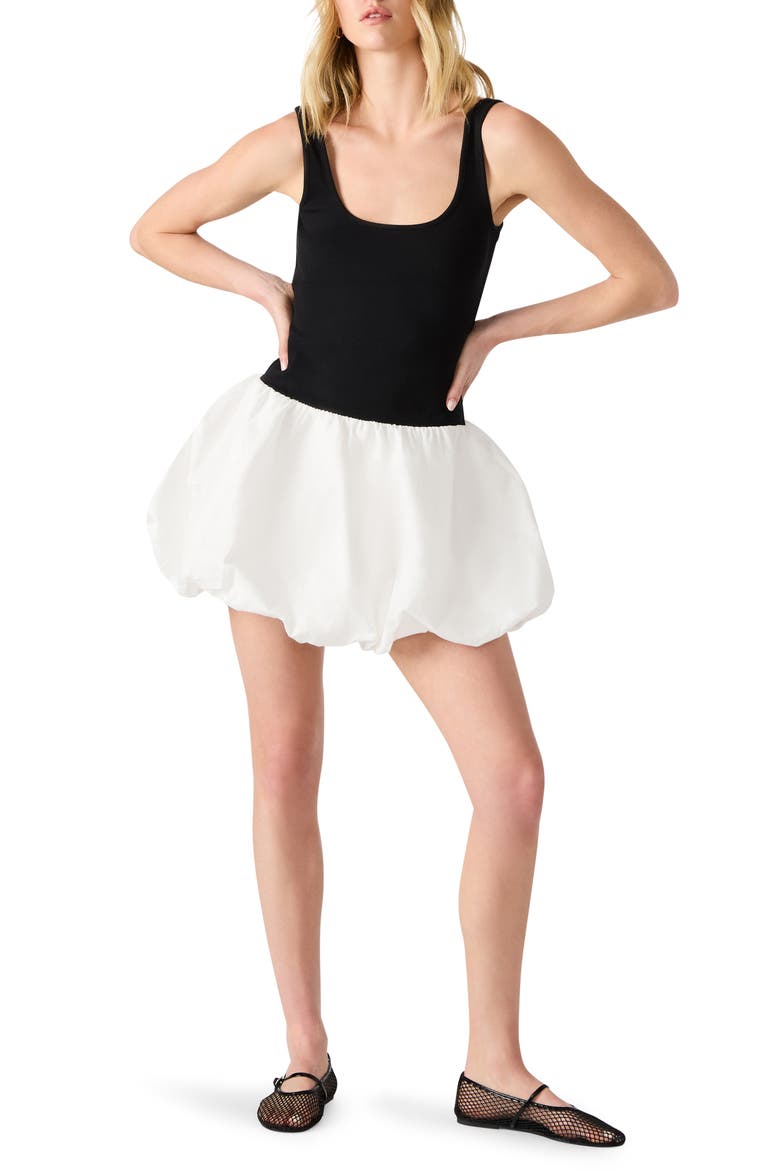 Linnea Mixed Media Bubble Hem Cotton Minidress, Main, color, BLACK/ WHITE