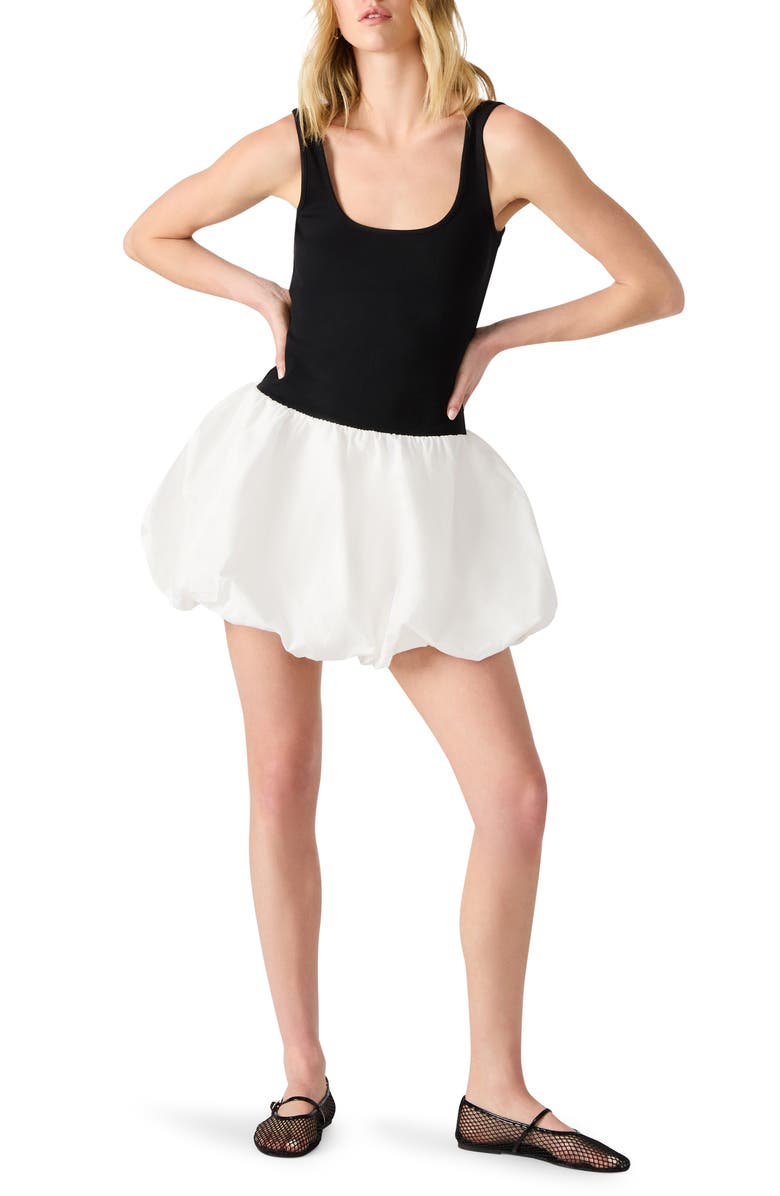 Steve Madden Linnea Mixed Media Bubble Hem Cotton Minidress, Main, color, Black/ White