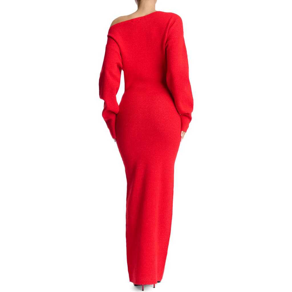 Shop Naked Wardrobe One-shoulder Long Sleeve Maxi Sweater Dress In Red