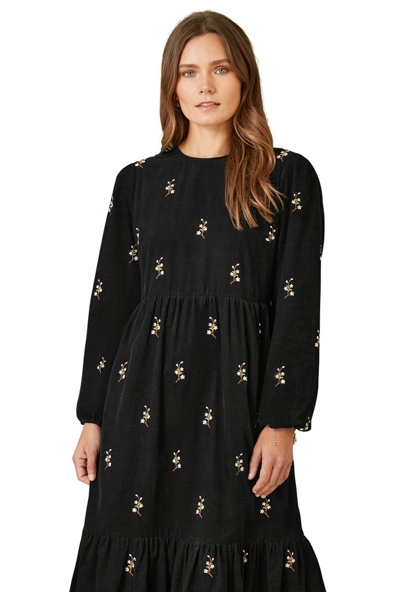 Long Sleeve Midi Floral Dress, Alternate, color, Black
