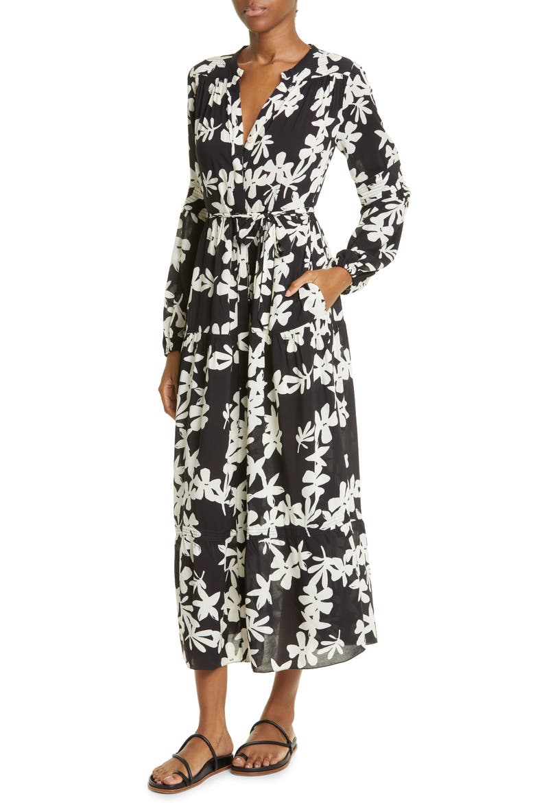 Sea Floral Long Sleeve Shirtdress, Alternate, color, BLACK