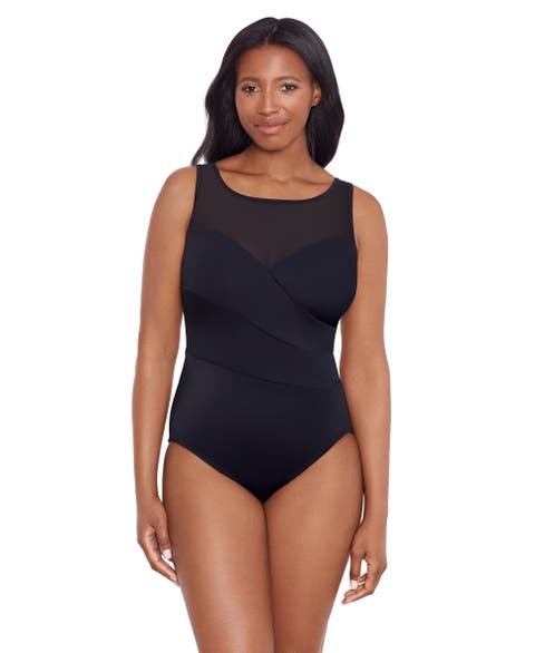 Mesh Highneck Long Torso One-Piece Swimsuit