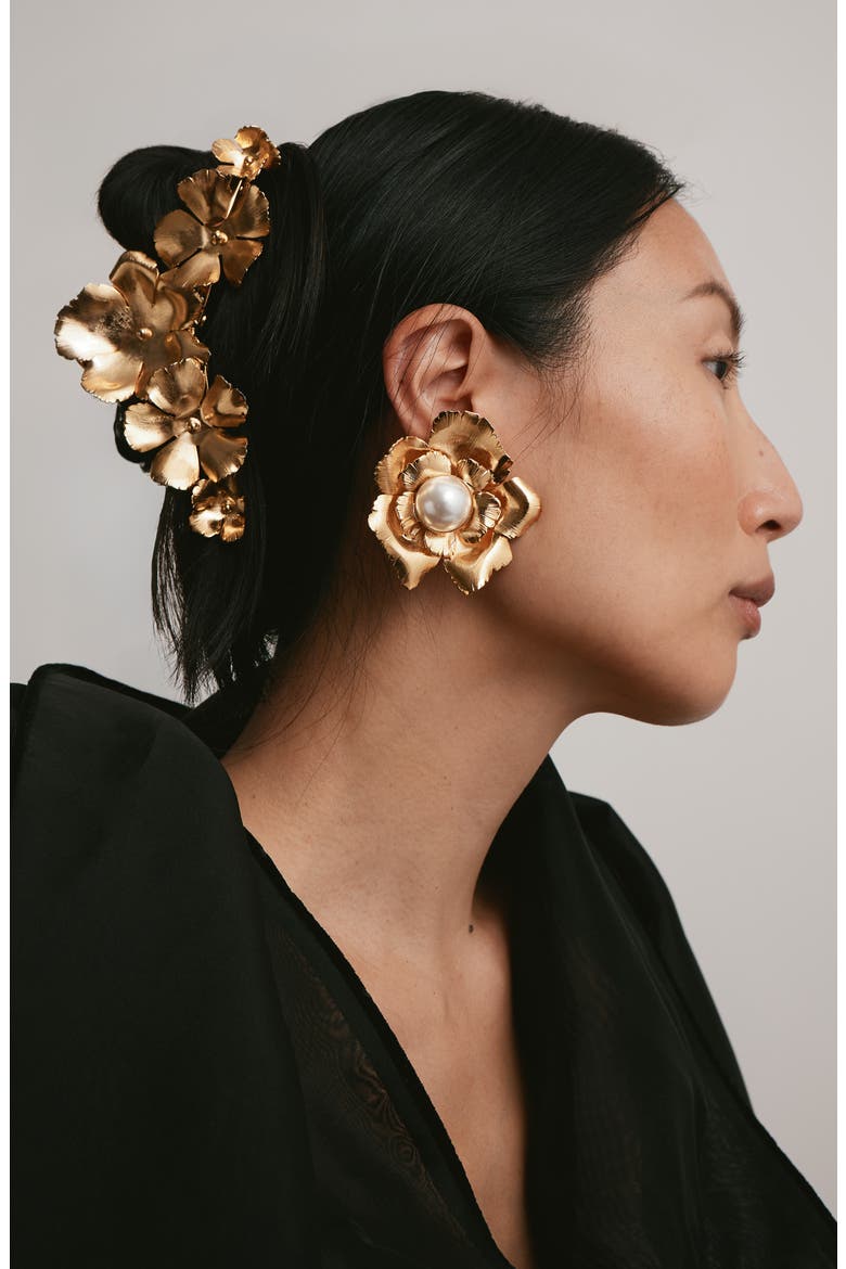 Jasmine Floral Faux Pearl Button Drop Earrings, Alternate, color, GOLD