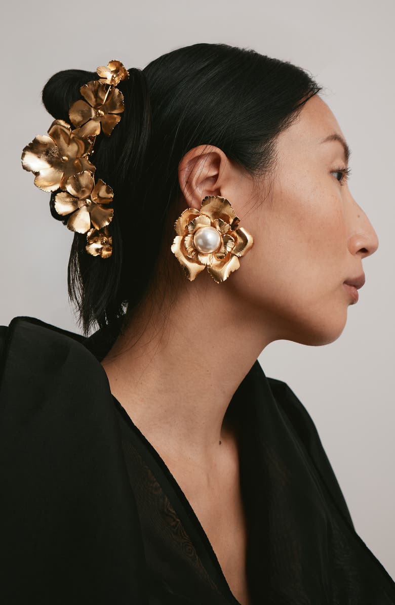 LELET NY Jasmine Floral Faux Pearl Button Drop Earrings, Alternate, color, Gold