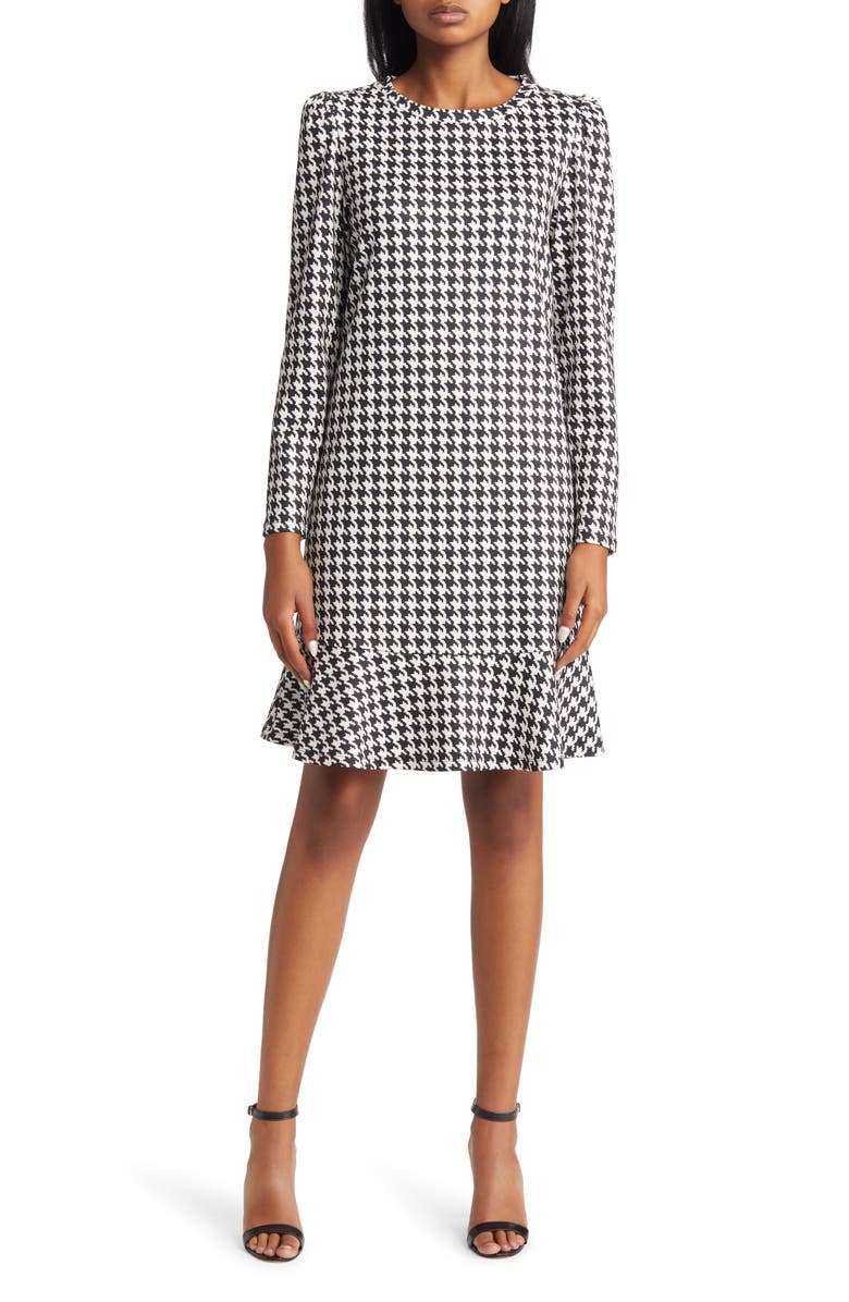 Anne Klein Houndstooth Long Sleeve Ruffle Hem Shift Dress, Main, color, 