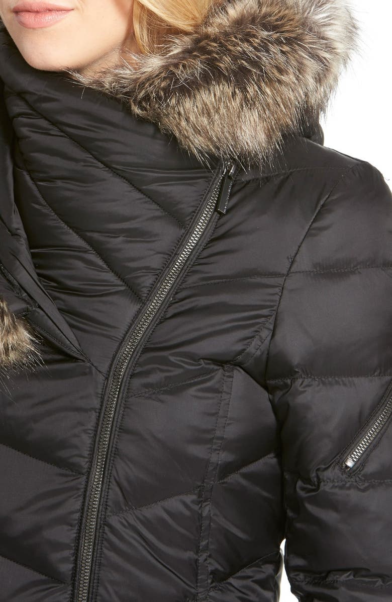 French Connection Asymmetrical Down Coat with Faux Fur Trim, Alternate, color,