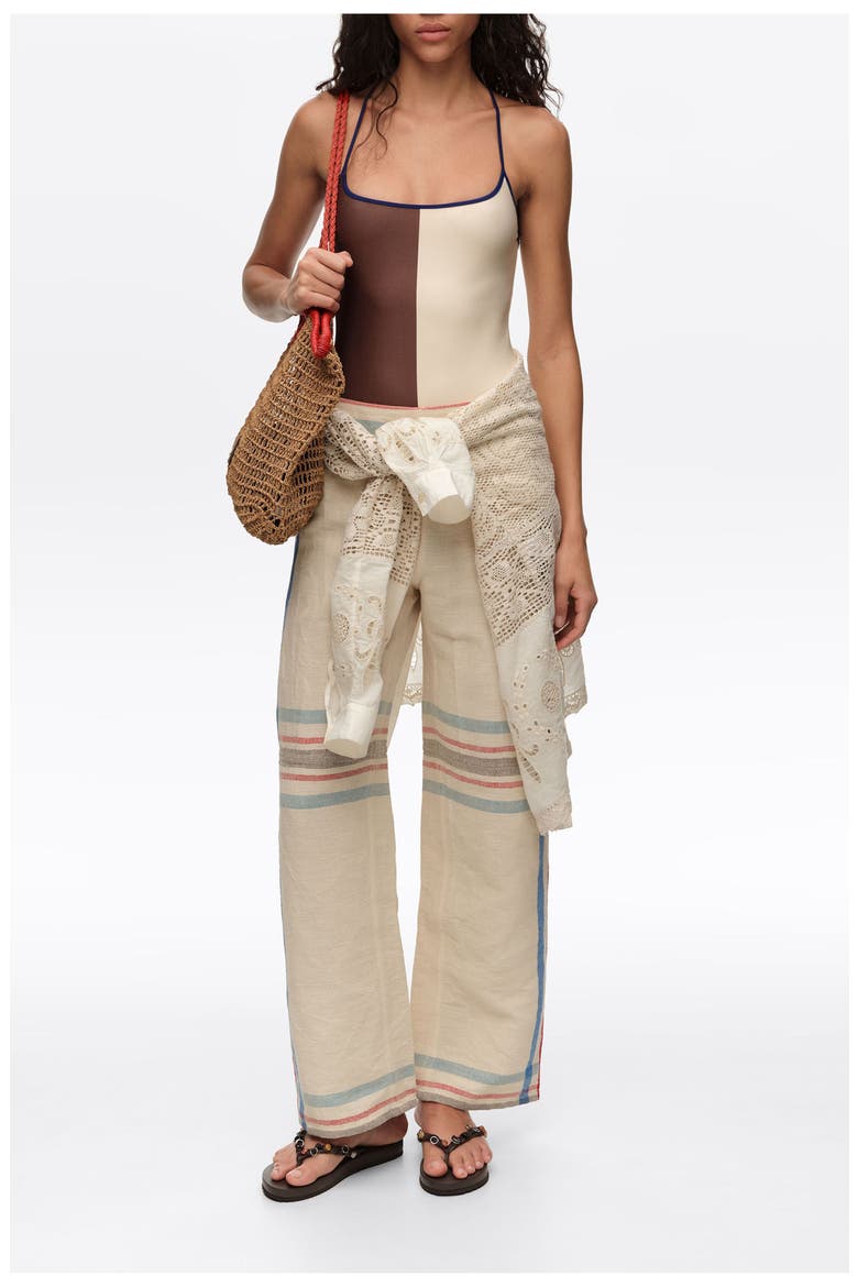 Linen Straight Ankle Length Striped Trousers, Alternate, color, ECRU