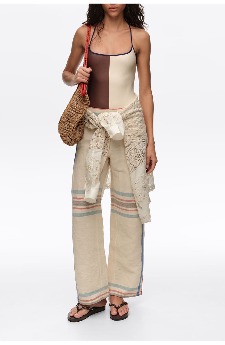 Bimba y Lola Linen Straight Ankle Length Striped Trousers, Alternate, color, Ecru