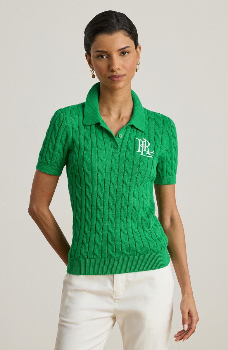 Lauren Ralph Lauren Natrissa Cable Knit Polo Sweater, Alternate, color, Stem Green