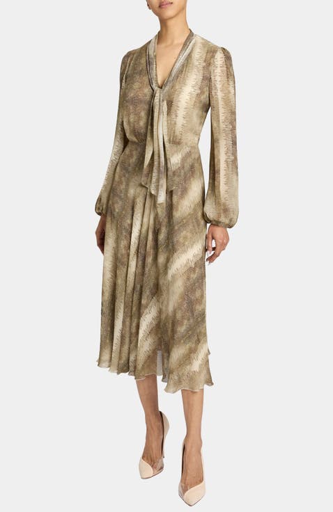 Jenn Printed Tie Neck Midi Dress