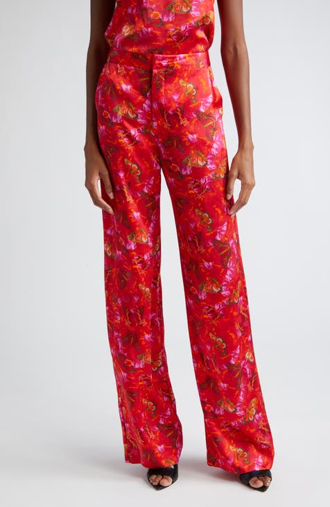 Luvvy Butterfly Print Silk Straight Leg Trousers