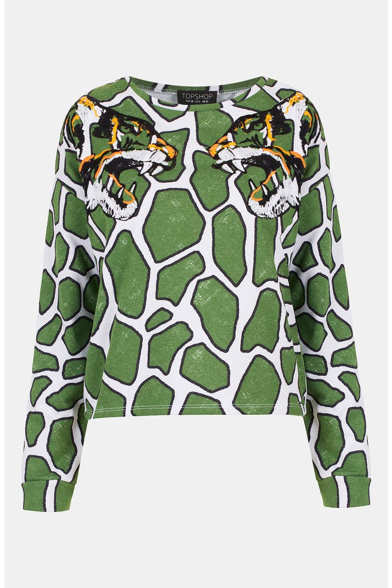 Embroidered Tiger Print Sweatshirt, Main, color, GREEN MULTI