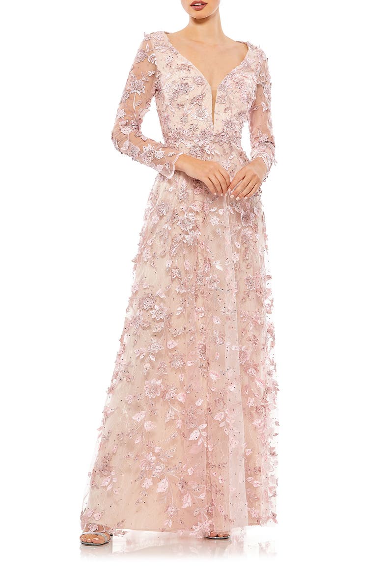 Floral Applique Long Sleeve Illusion Gown, Main, color, ROSE PINK
