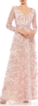 Mac Duggal Floral Applique Long Sleeve Illusion Gown