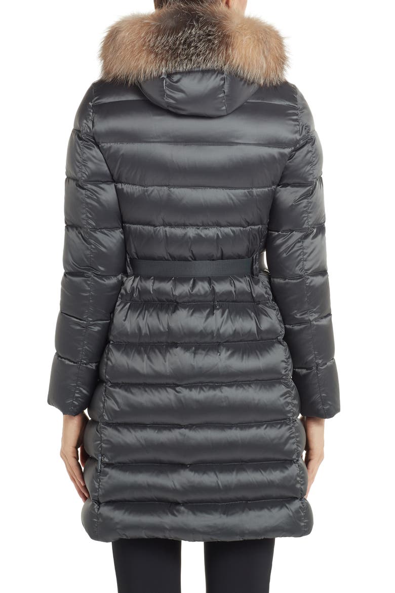Tinuv Belted Satin Down Coat with Detachable Genuine Fox Fur Hood Trim, Alternate, color, GREY