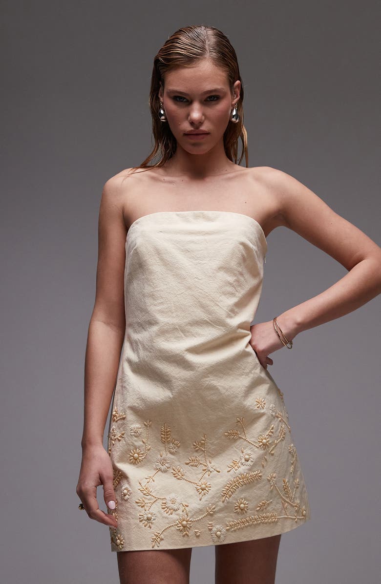 Topshop Embroidered Strapless Minidress, Alternate, color, 