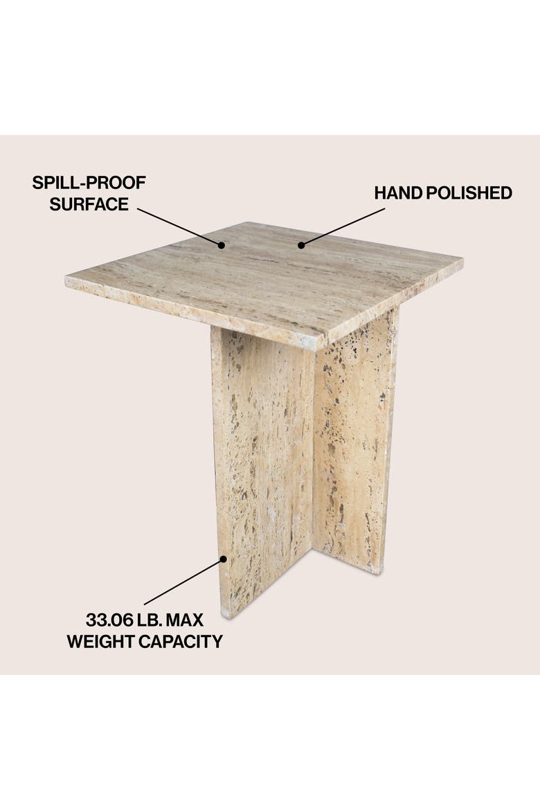 Cecil Modern Square Marble End Table with Cross Base, Solid Stone Accent Side Table for Living Room, Alternate, color, Travertine