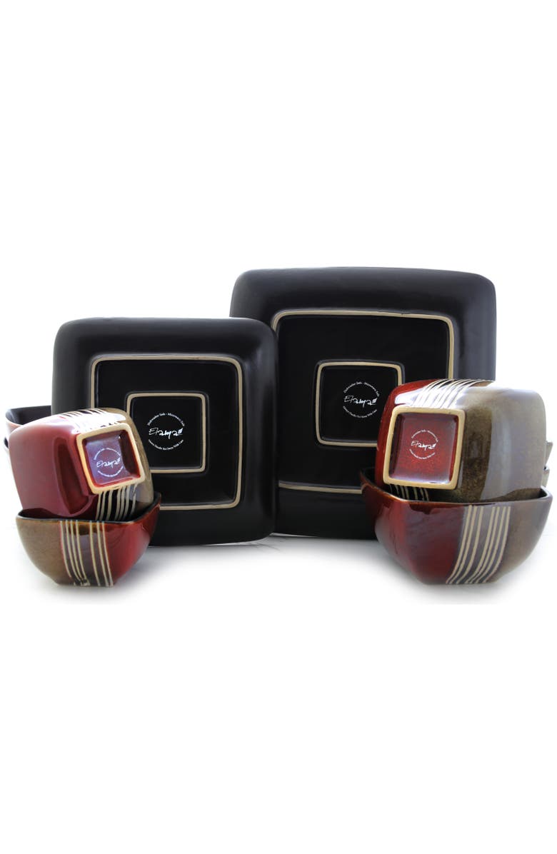 Elama Downtown Loft 16 Piece Double Bowl Stoneware Dinnerware Set with Service for 4, Alternate, color, Red