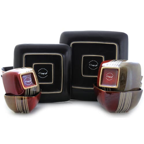 Elama Downtown Loft 16 Piece Double Bowl Stoneware Dinnerware Set With Service For 4 In Red