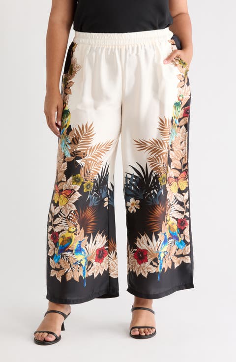 Tropical Print Side Border Wide Leg Pants