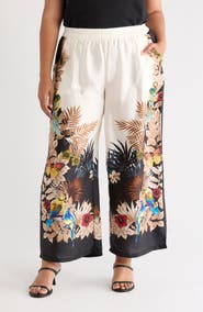 T Tahari Tropical Print Side Border Wide Leg Pants